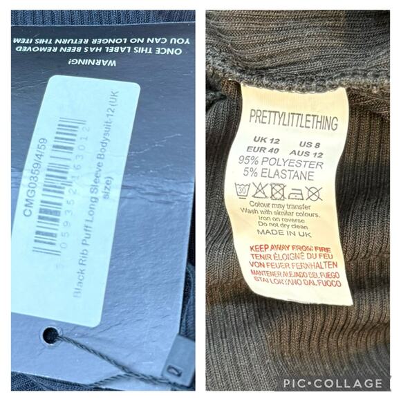 PrettyLittleThing New Black Ribbed Long Puff Sleeve Bodysuit US 8 Square Neck - Picture 12 of 15